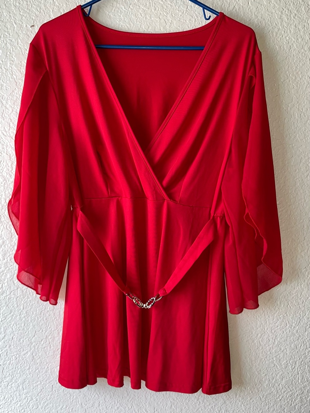 Red Wrap-Front Women’s Dress with Draped Sleeves